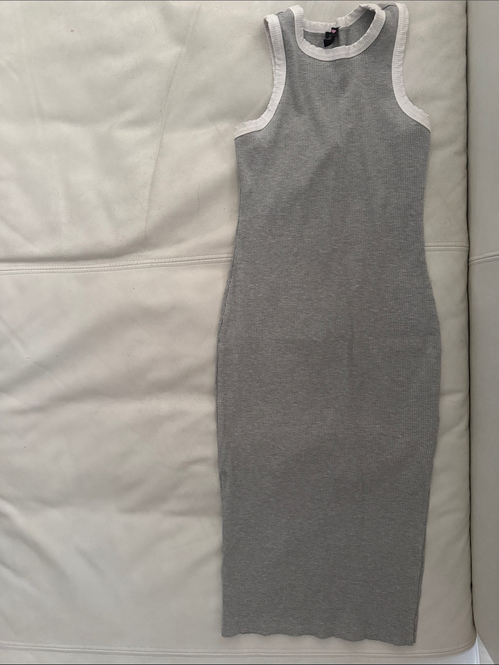 Gray Knit Tank Midi Dress with White Trim